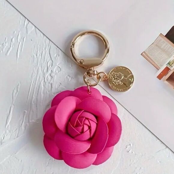 NEW Fuchsia Pink Vegan Leather Camellia Keychain Bag charm - Picture 1 of 1